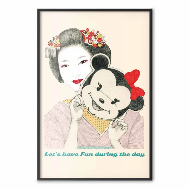 Rolig geisha - kvinna med mask och orientaliskt motiv