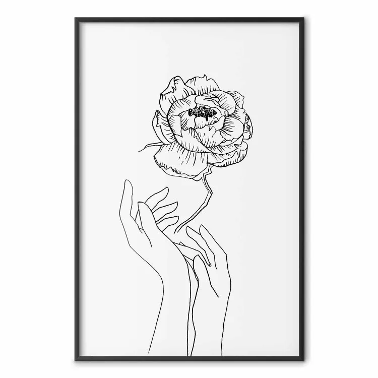 Ömtålig blomma - lineart blommor och händer på vit kontrasterande bakgrund