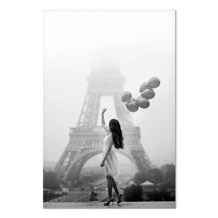 Att gå i vinden (1-panel) vertikal - kvinna i Paris och ballonger