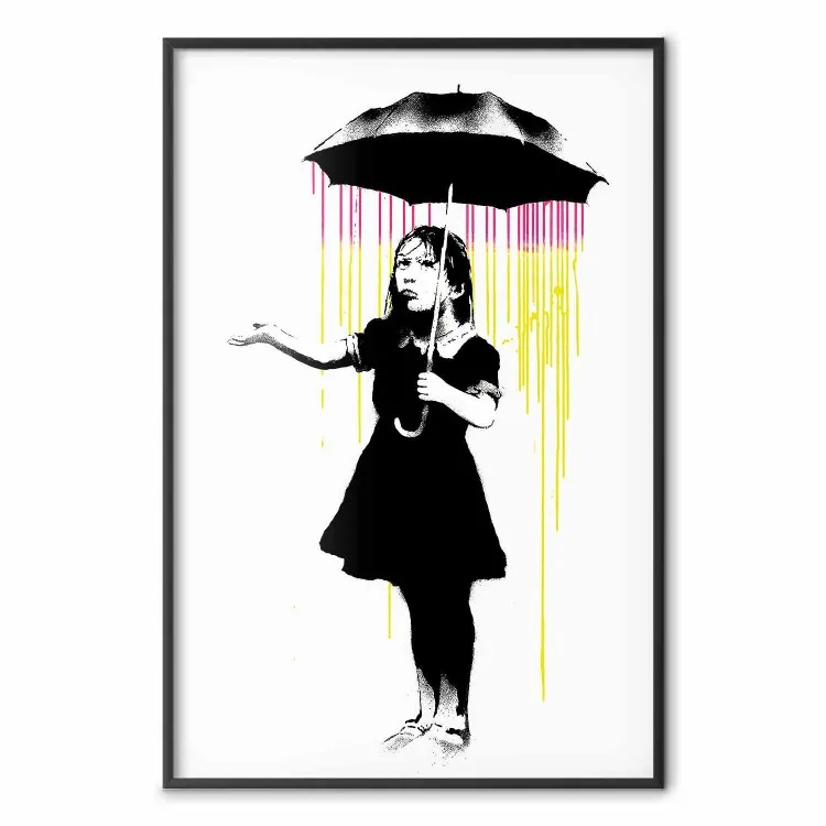Banksy: In the Rain - flicka med paraply och mångfärgat regn