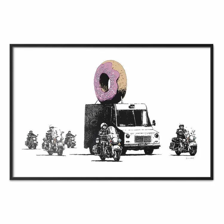 Banksy: Strawberry Donuts - poliser eskorterar en lastbil med munkar