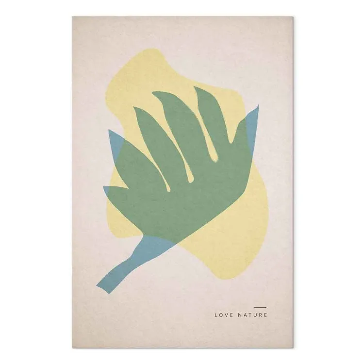 Love Nature - Pastell abstraktion i skandinavisk stil med ett blad i form av en stigande fågel och ett citat på engelska