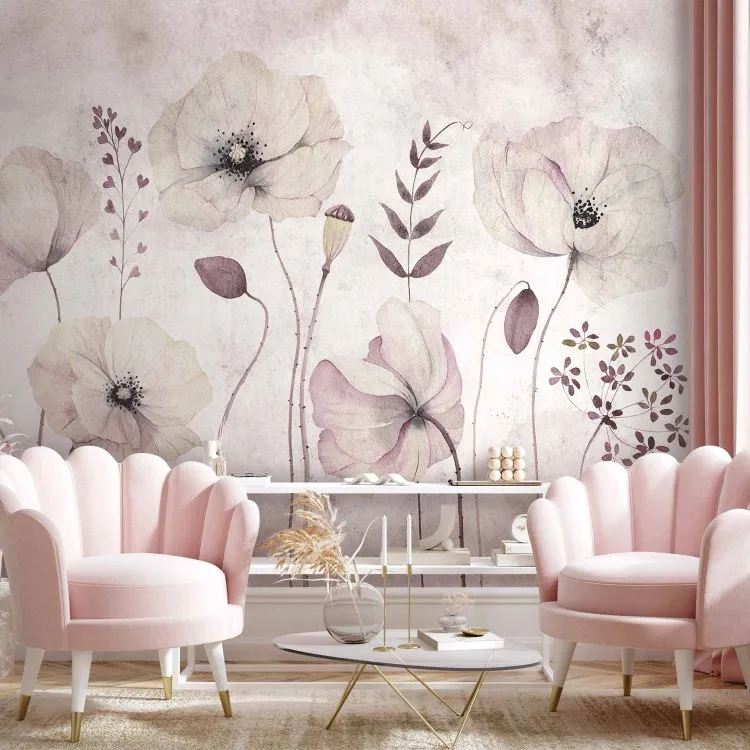Vita vallmoblommor - växtmotiv med blommor i akvarellstil på gråa toner