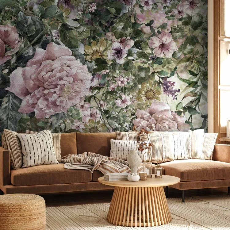 Kommande sommar - växtmotiv med blomstrande blommor i retrostil