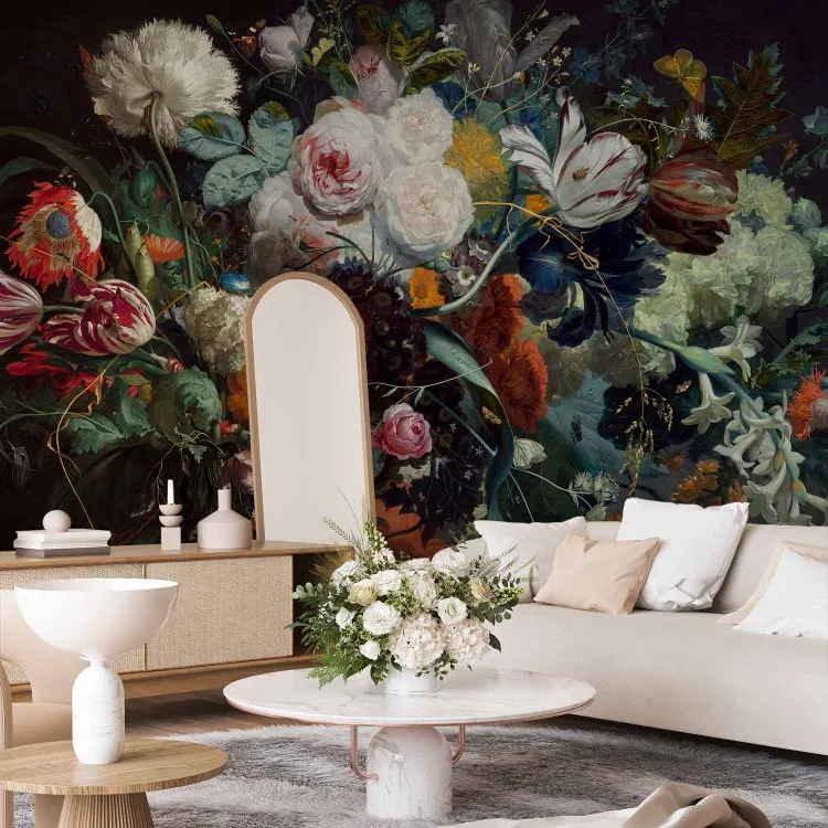 Målad blombukett - växtmotiv i barockstil på svart bakgrund