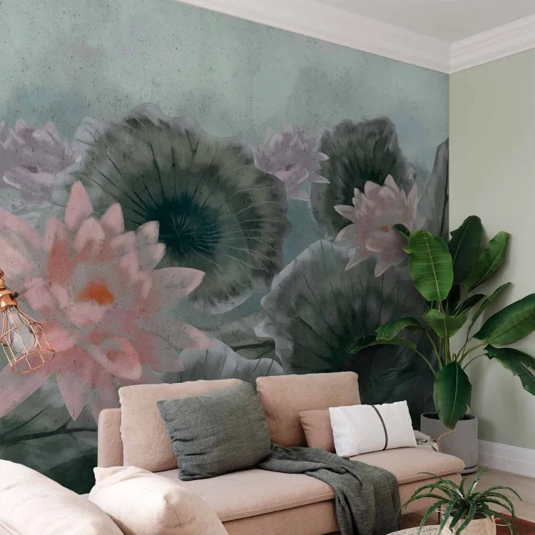 Orientalisk växtlighet - flytande lotusblommor med löv på vattenytan