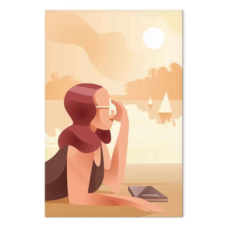 Kvinna på en sjö - grafik med strand, siluett av en kvinna