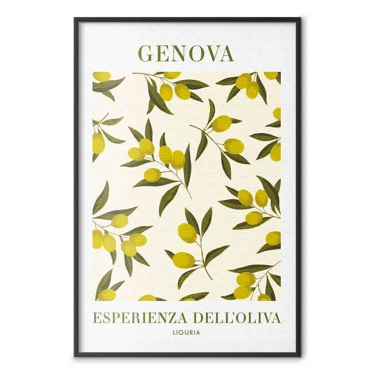 Liguriska oliver - enkel komposition av oliver och italienska skrifter