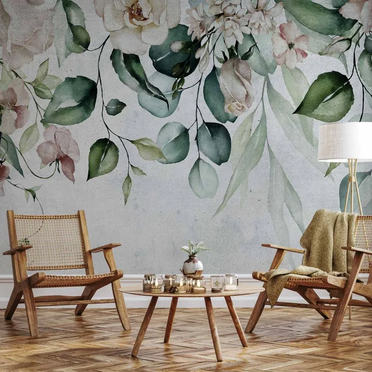 Hängande trädgårdar - växtmotiv med hängande blommor och löv i retrostil