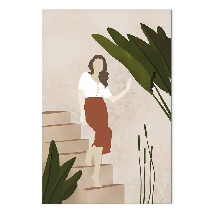Kvinna som går ner för trappan - komposition i scandi boho-stil