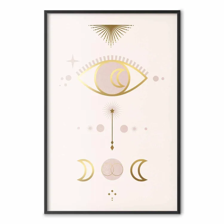 Astrologi - gyllene konstnärlig vision med månar och öga på ljus botten