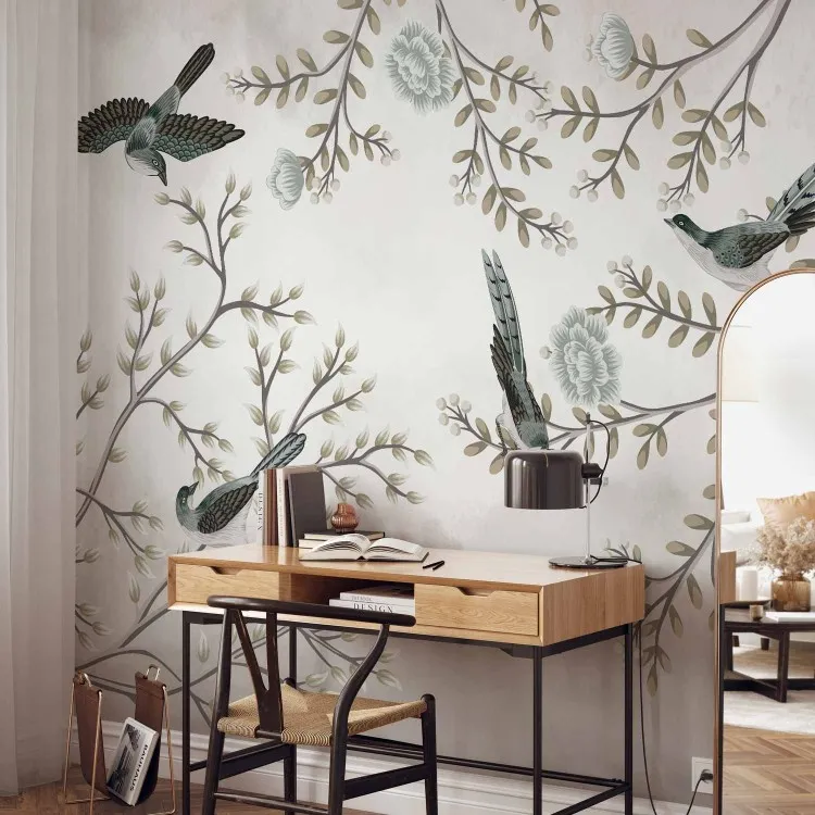 Fåglar i trädgården - minimalistiskt landskap med träd, löv och blommor
