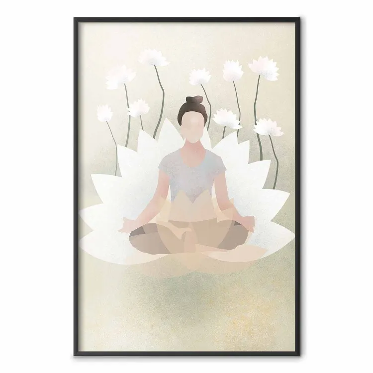 Yoga - kvinna i meditation och vit lotusblomma i zenstil