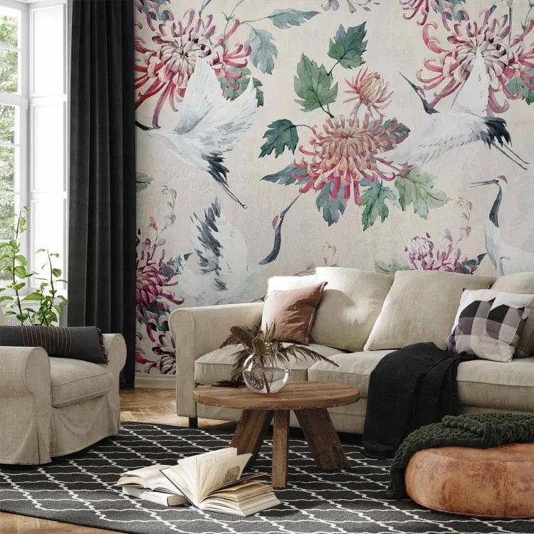 Orientalisk komposition - fågelmotiv med tranor, blommor och löv på bakgrund