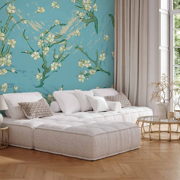 Asiens blommor - blommande mandelträd på blå bakgrund