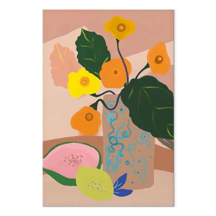 Blommor i en vas (1-delad) vertikal - bukett och exotisk frukt