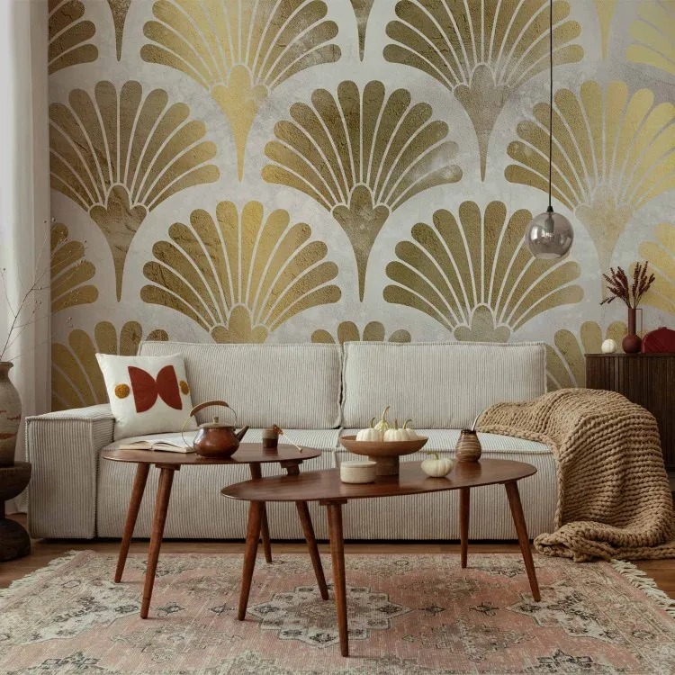 Abstraktion - guldfläktmotiv i art deco-stil på vit bakgrund