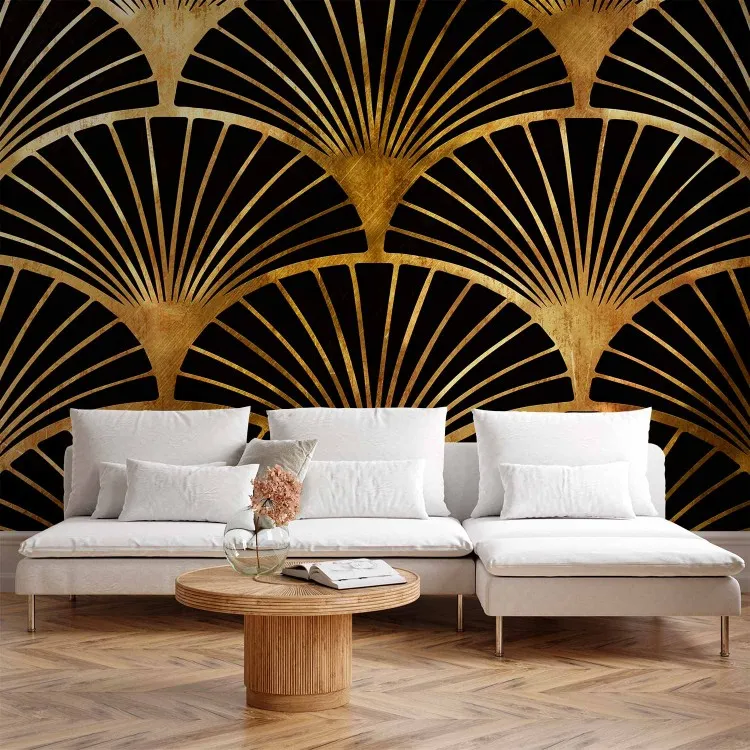 Fläktar i art deco-stil - abstraktion med svarta fläktar på guldbakgrund