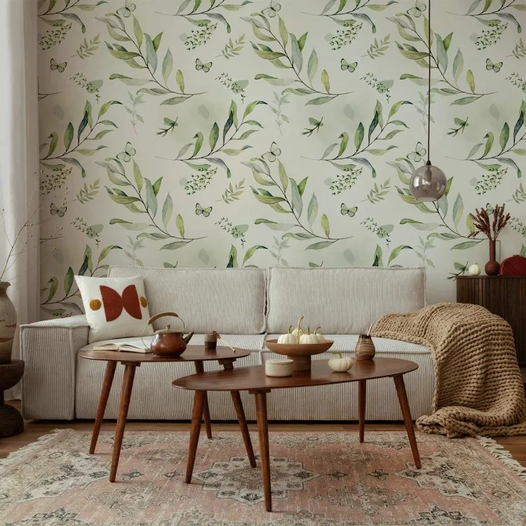 Fjärilar bland blad - blommotiv med gröna grenar