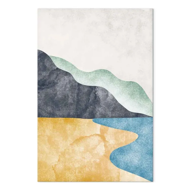 Abstract Landscape - Beach, Mountains and Ocean Against a Light Gray Sky