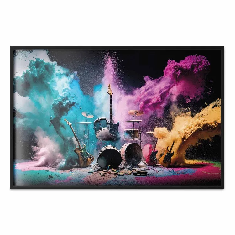 Exploderande instrument - en rockscen med trummor och gitarrer