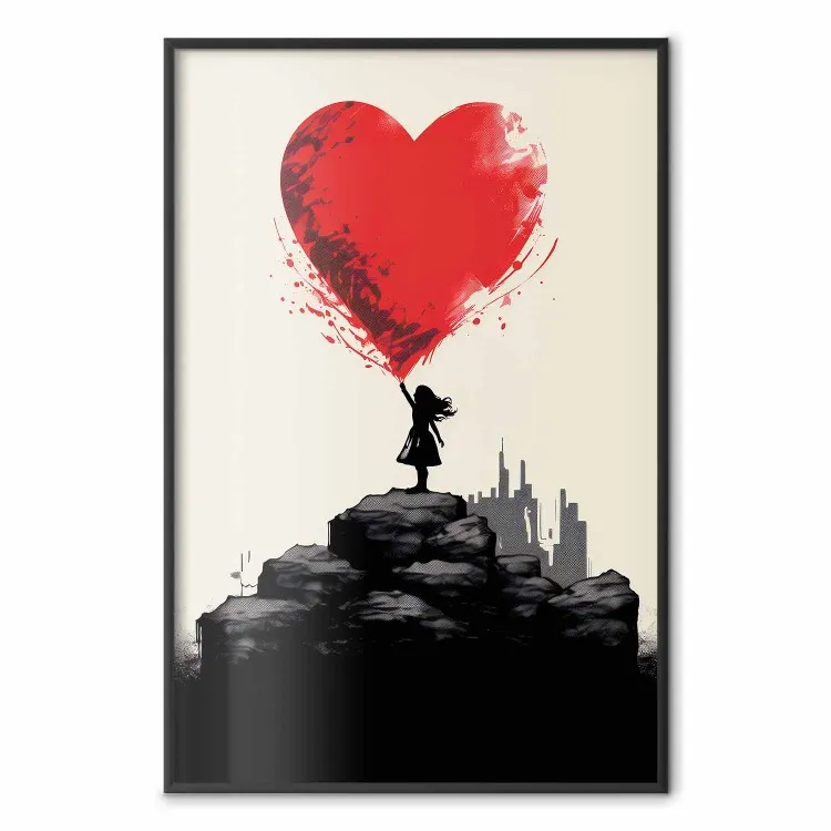 Rött hjärta - flicka med ballong inspirerad av Banksy-stil