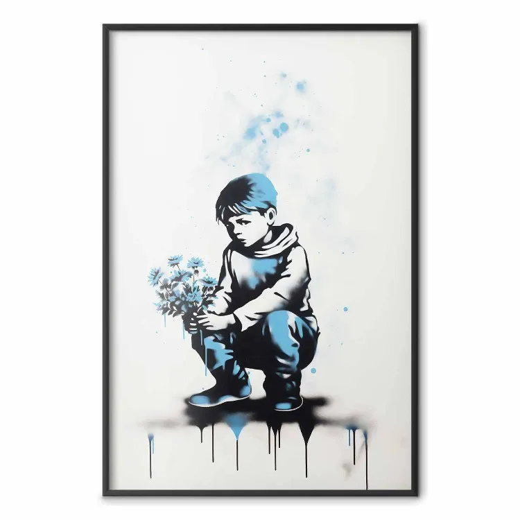 Blå graffiti - pojke med bukett inspirerad av Banksy-stil