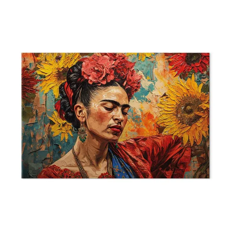 Frida Kahlo - kvinna mot en bakgrund av solrosor i van Goghs målningsstil