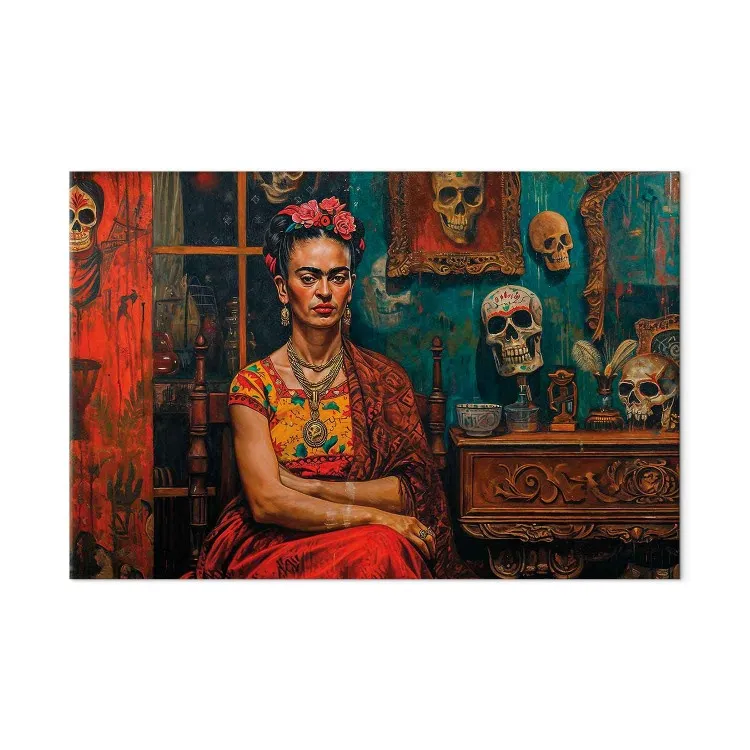 Frida Kahlo - komposition med målaren som sitter i ett rum med dödskallar