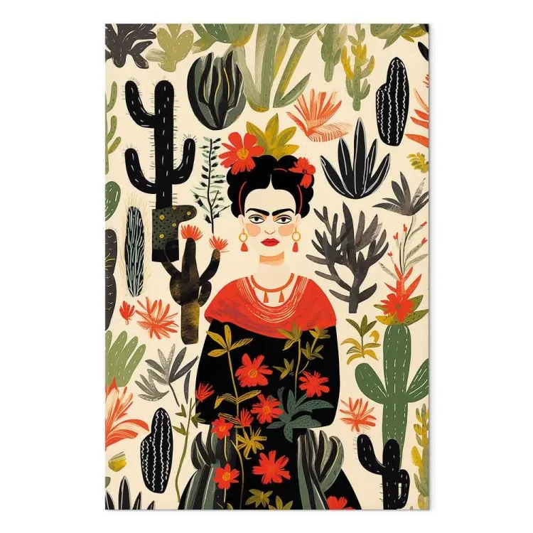 Frida Kahlo - porträtt av konstnären mitt i en ökenflora full av kaktusar