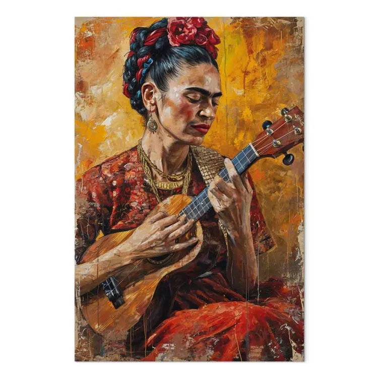 Frida Kahlo - porträtt av en kvinna som spelar ukulele i bruna toner