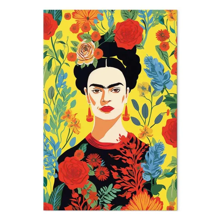 Frida Kahlo - porträtt av konstnären på en gul blommig bakgrund