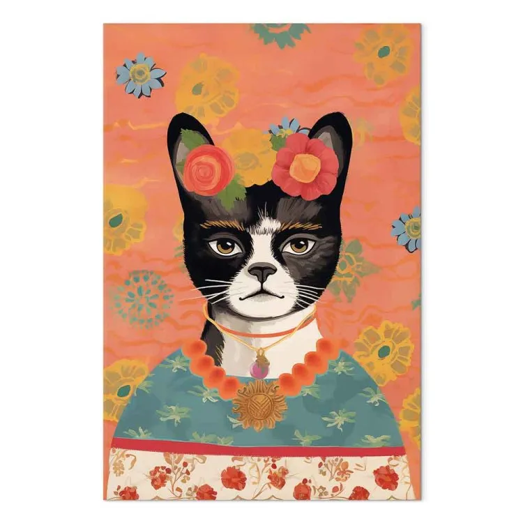 Djurporträtt - katt med blommor inspirerad av Fridas bild