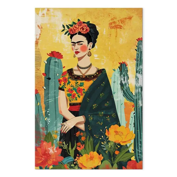 Frida Kahlo - konstnärlig avbildning av konstnären med kaktusar