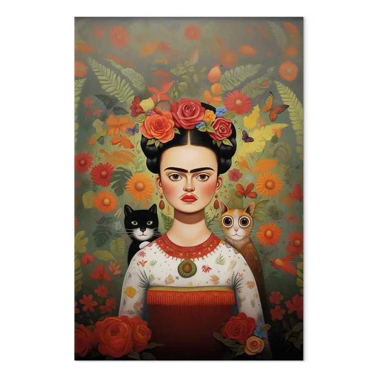 Cartoon Frida - ett färgglatt porträtt av konstnären med två katter