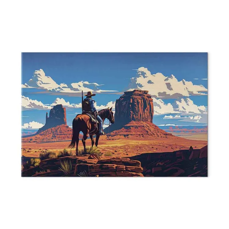 Cowboy i vildmarken - ryttare som beundrar det steniga landskapet