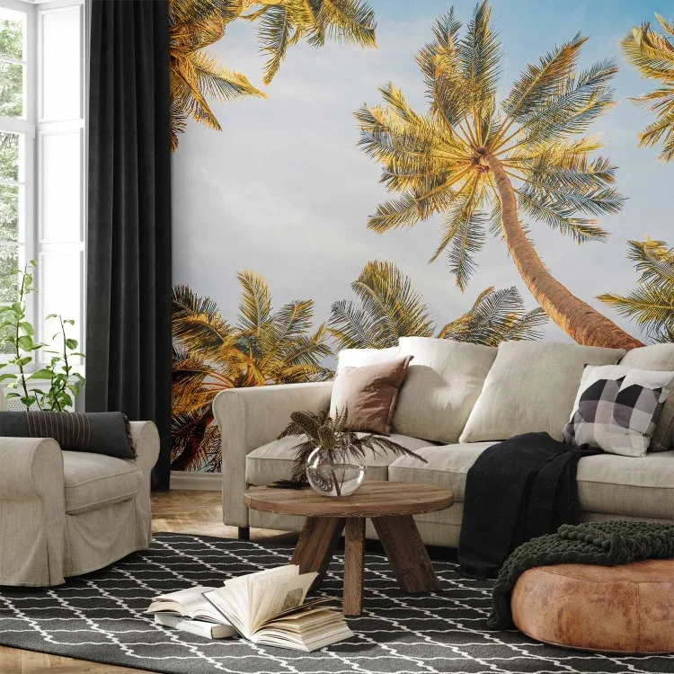 Tropiska kronor - utsikt över palmtoppar och blå himmel