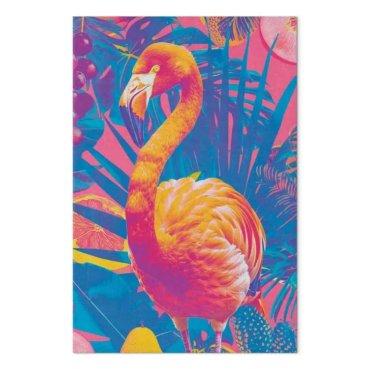 Färgglad flamingo - en exotisk fågel bland tropiska blad och saftiga frukter