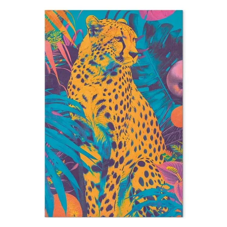 Pop-art gepard - vildkatt i starka färger omgiven av tropiska växter
