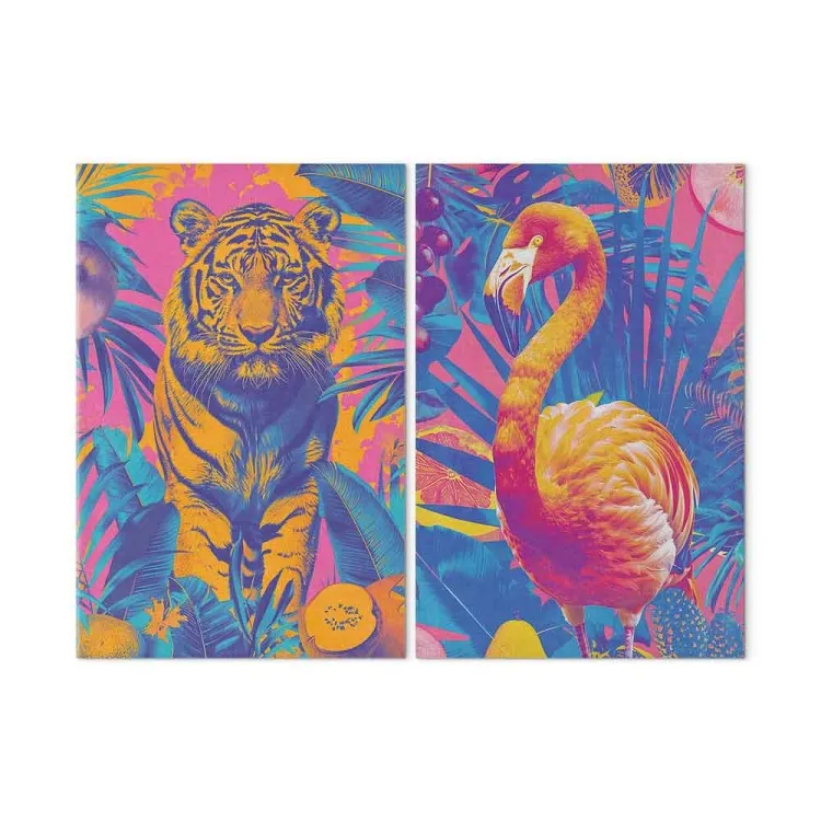 Tropiska bilder - djur i pop-art-stil på en färgstark djungelbakgrund