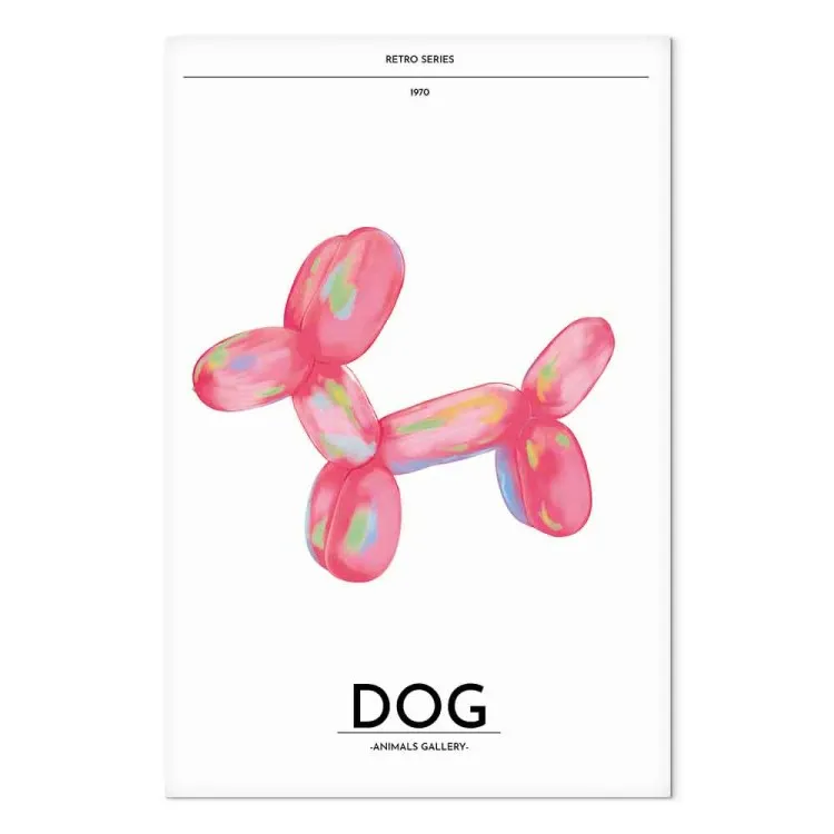 Balloon dog - flerfärgat djur i form av en hund på en ljus bakgrund med retrobokstäver