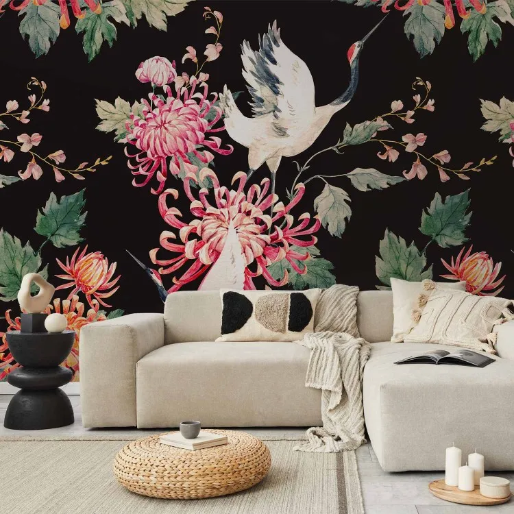 Frihetens land - fågel- och färgstarkt blommotiv på svart bakgrund